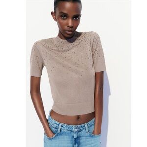 NWT Zara Woman Rhinestone SHINY SHORT SLEEVE KNIT TOP Size S Small